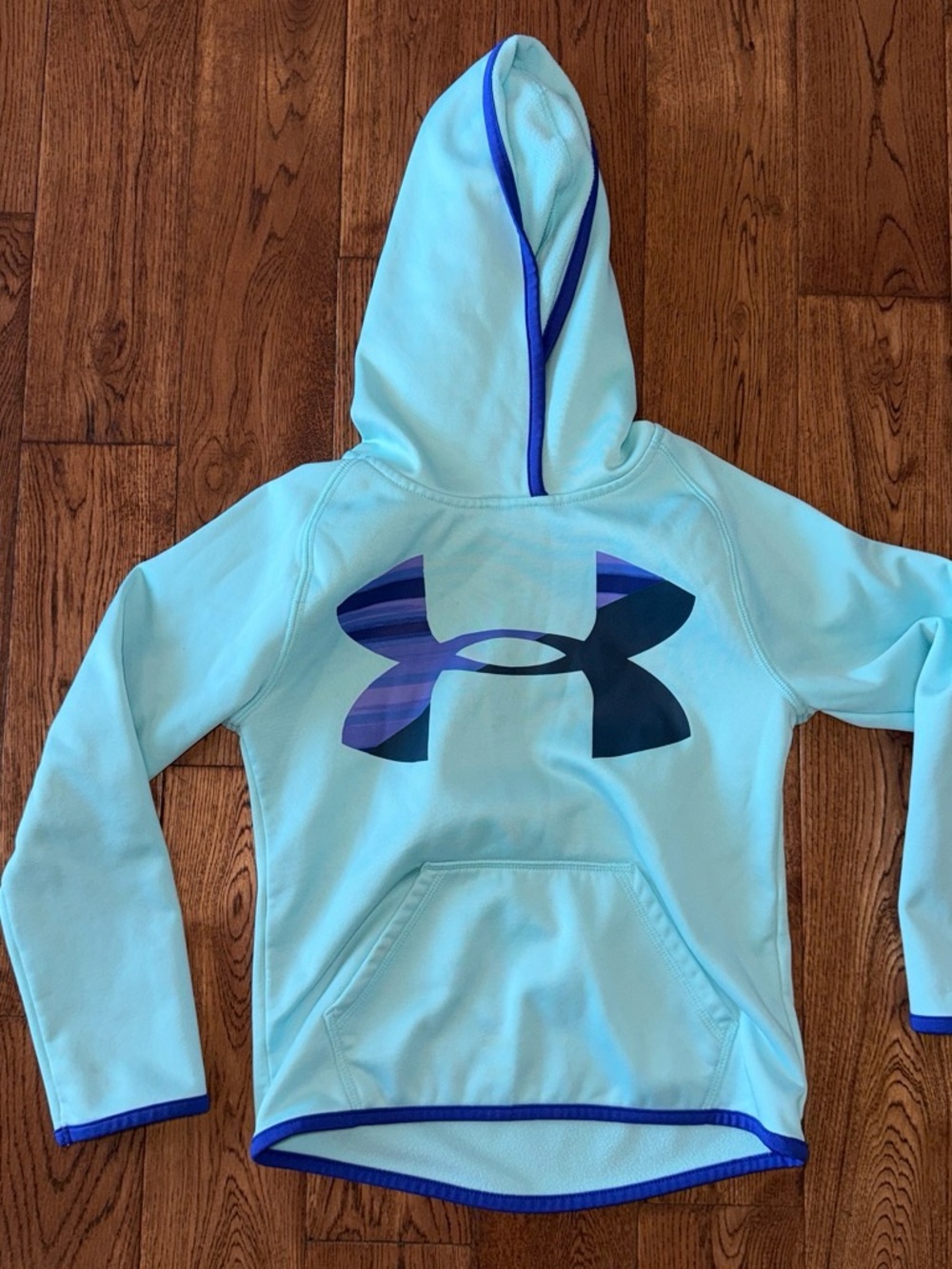 Under Armour Girls Aqua Hooded Pullover with Blue Logo Accents